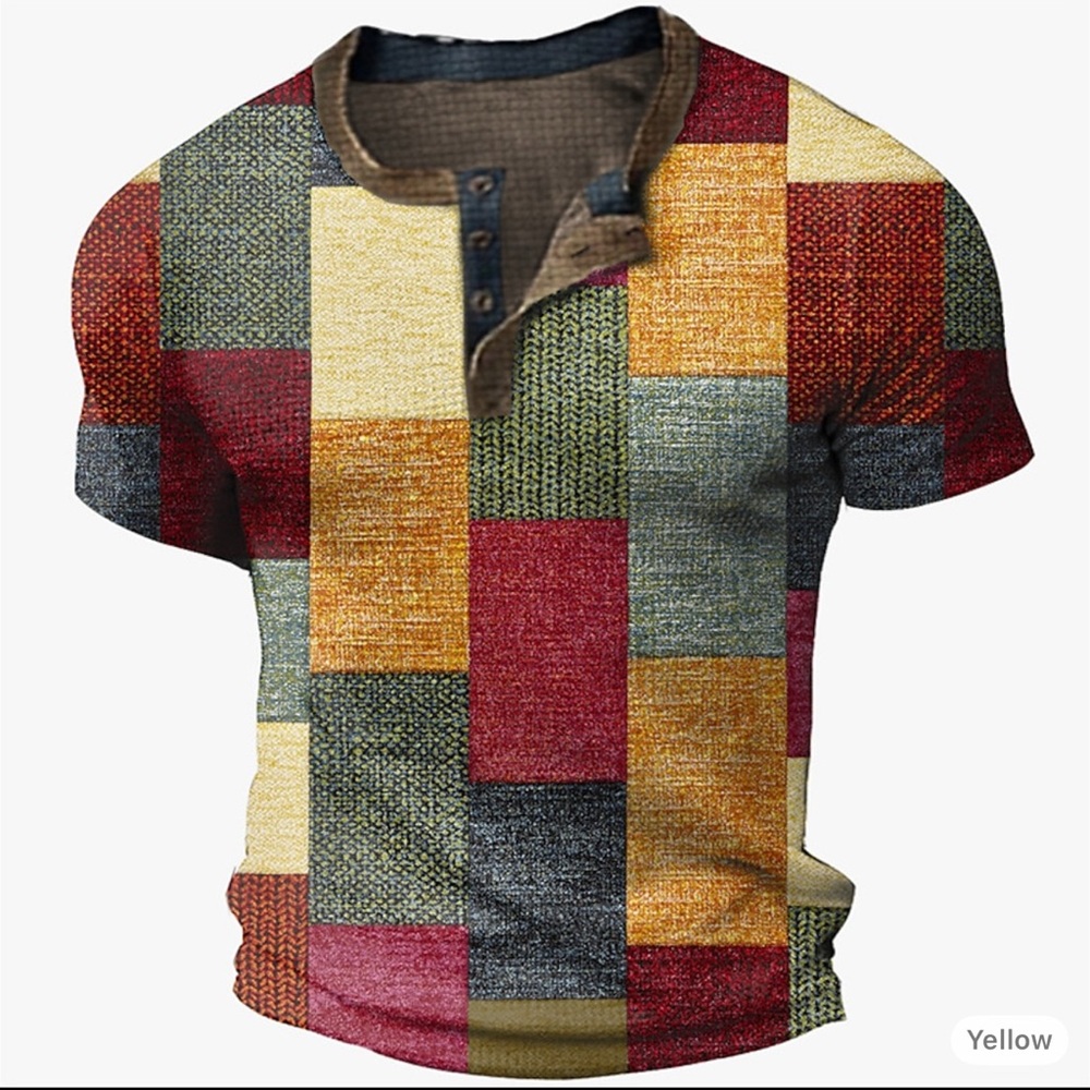 Men's Graphic Color Block Plaid / Check Waffle Henley Shirt Short Sleeve Size3XL